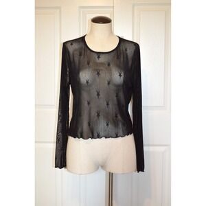 Nwt Altard State Black Sheer Mesh Crop Top L Stars L/S Lettuce Hem Goth Festival